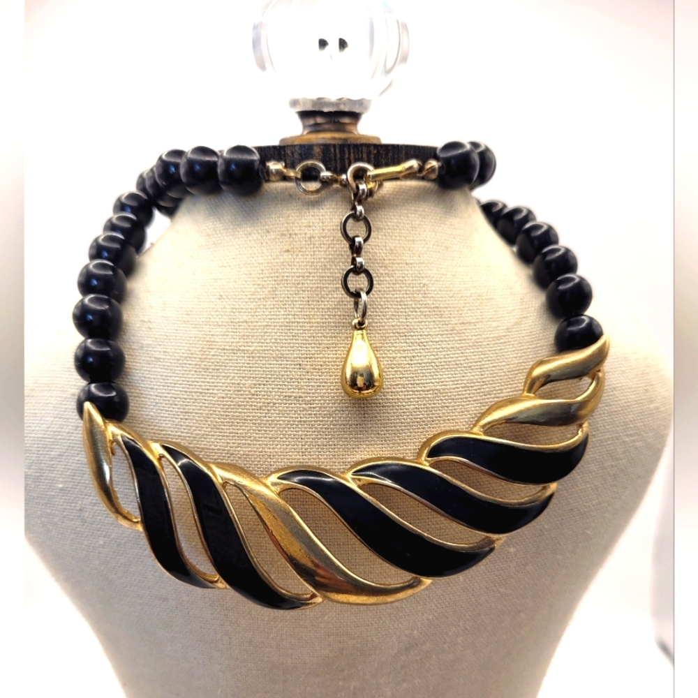 Vintage Black Enamel Gold Tone Bead Panel 17" Necklace Monet Style